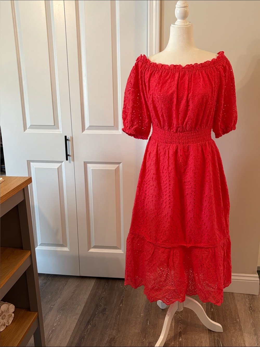 Betsey Johnson Coral Ruffle Off-Shoulder Eyelet Midi Dress with Puff Sleeves